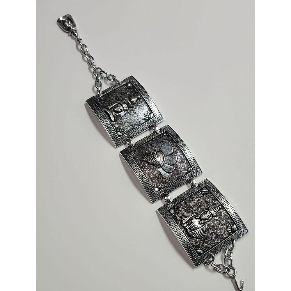 Vintage Silver Aluminum Egyptian Motif Panel Bracelet